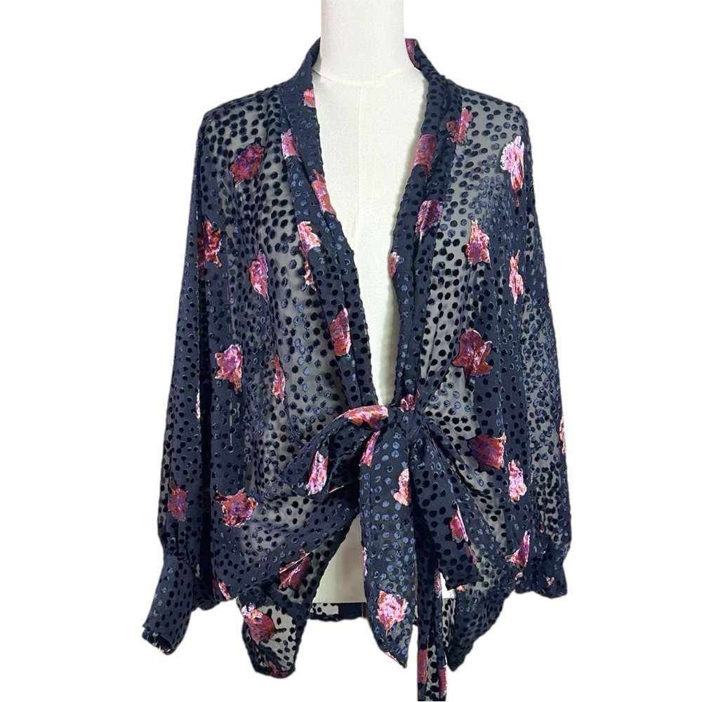 Free People Allure Floral Velvet Devore Tie Front Kimono in Black One Size NWT
